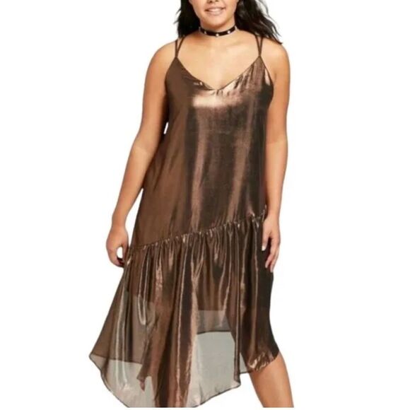Xhilaration Women's Plus Size Metallic Lined Asymmetrical Spaghetti Strap Dress - Picture 2 of 7